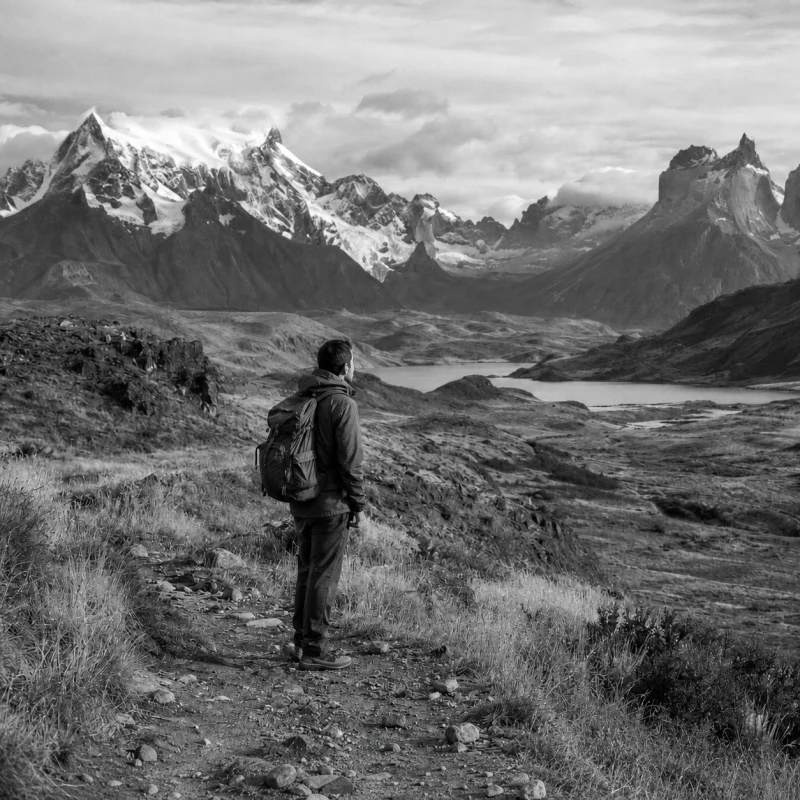 Luis en randonnée face aux montagnes