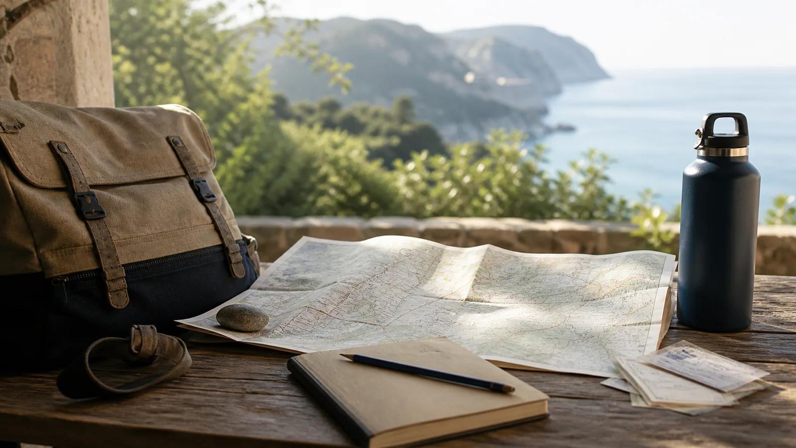 Carte, carnet et sac préparés face à une côte lumineuse
