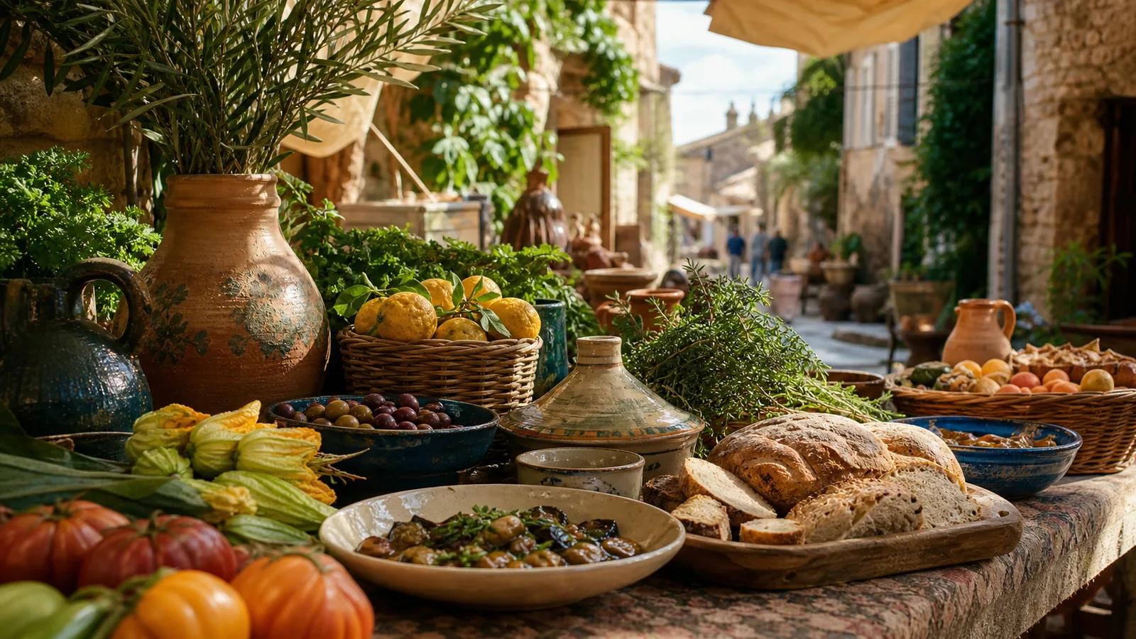 Produits frais, pains et poteries sur un marché local