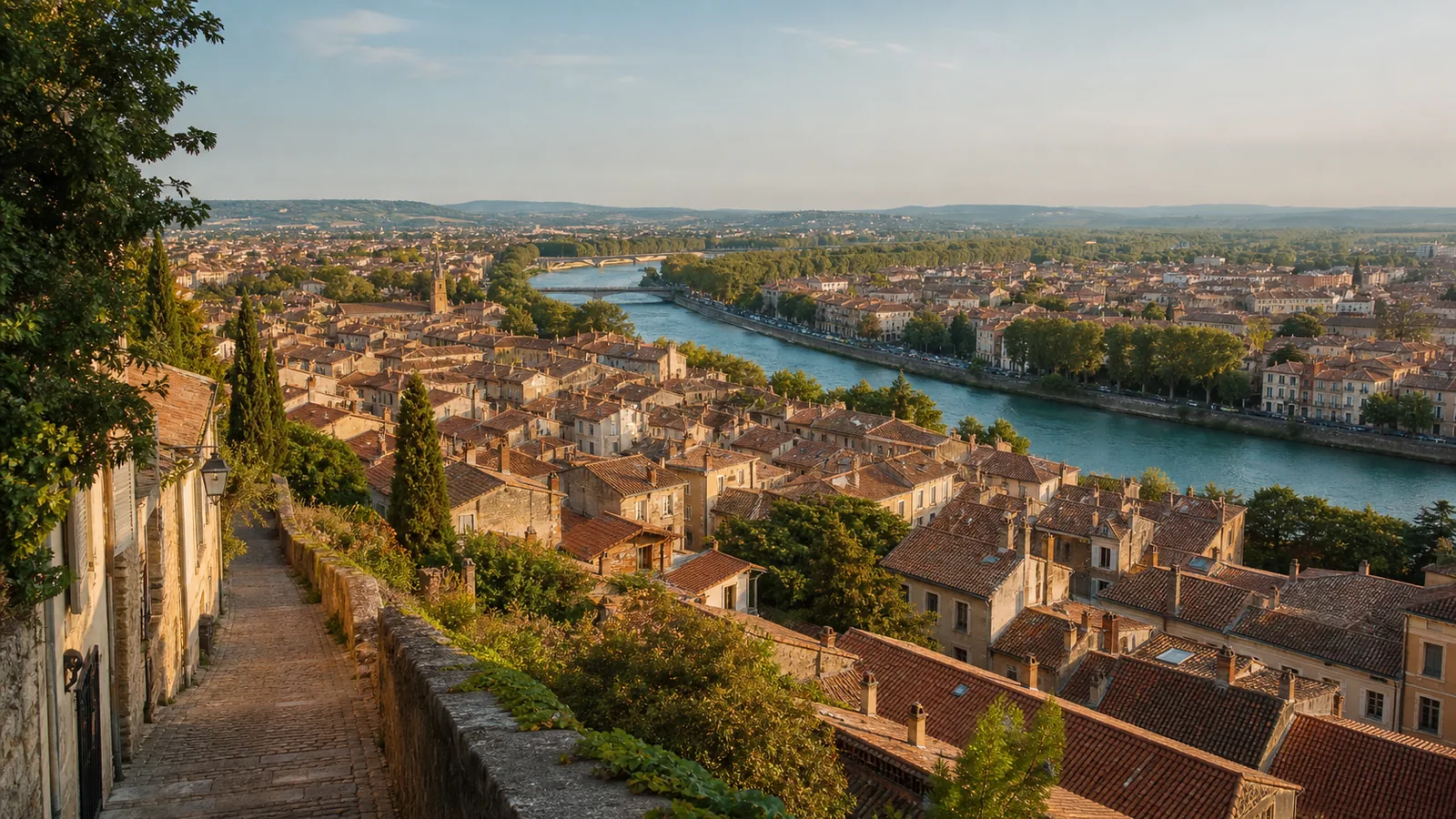Ville ancienne traversée par un fleuve au lever du jour