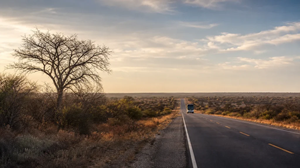 Autocar sur une route isolée du Chaco sud-américain