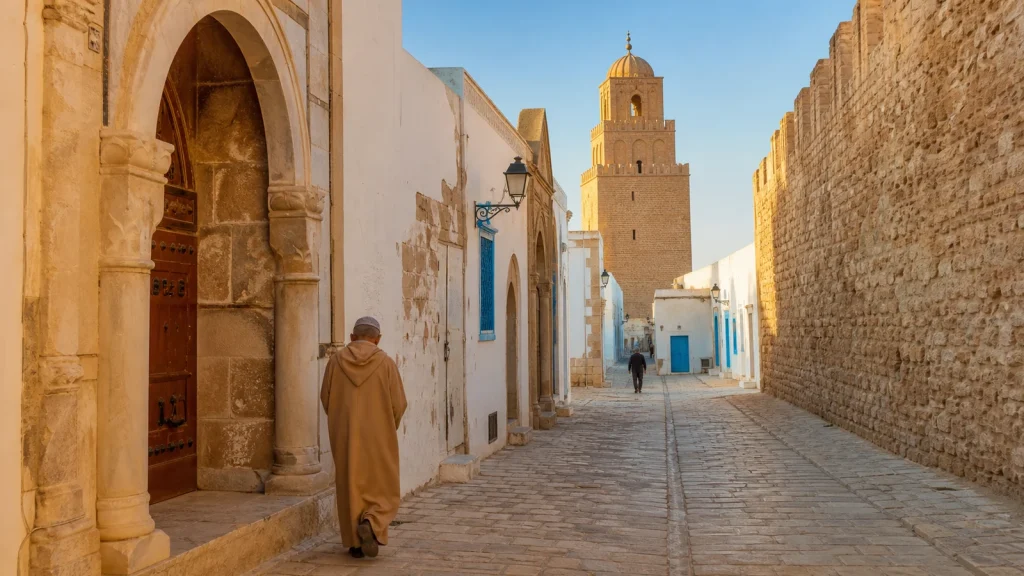 Ruelle historique tunisienne éclairée le matin