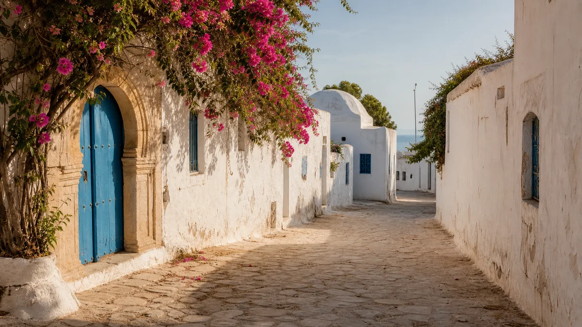 Ruelle blanche et porte bleue sur l'île de Djerba