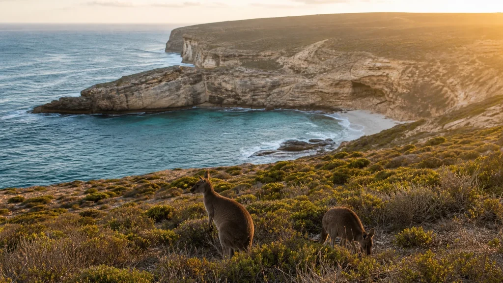 Kangourous sauvages face aux falaises de Kangaroo Island