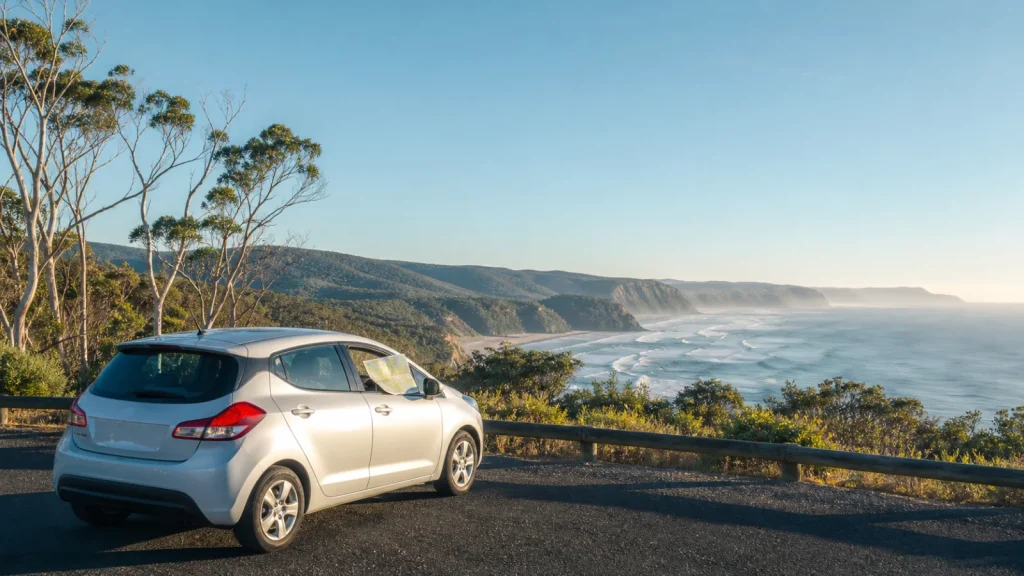 Voiture arrêtée devant une côte sauvage de l’est australien