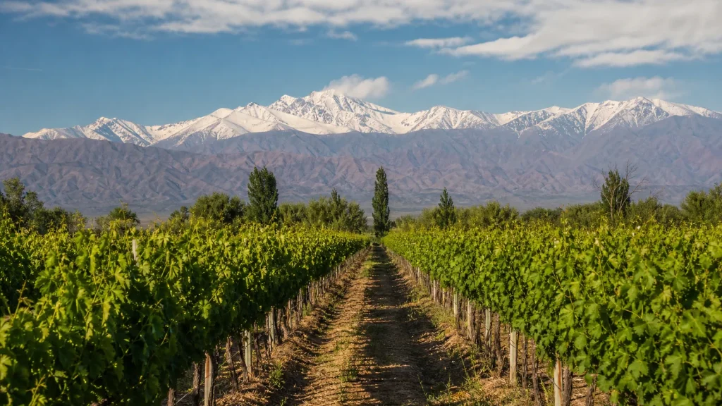 Rangées de vignes de Mendoza face aux sommets enneigés des Andes
