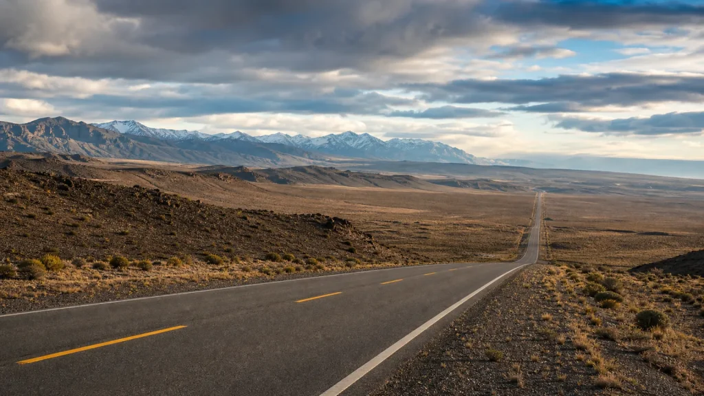 Ruta 40 traversant la steppe patagonienne face aux Andes