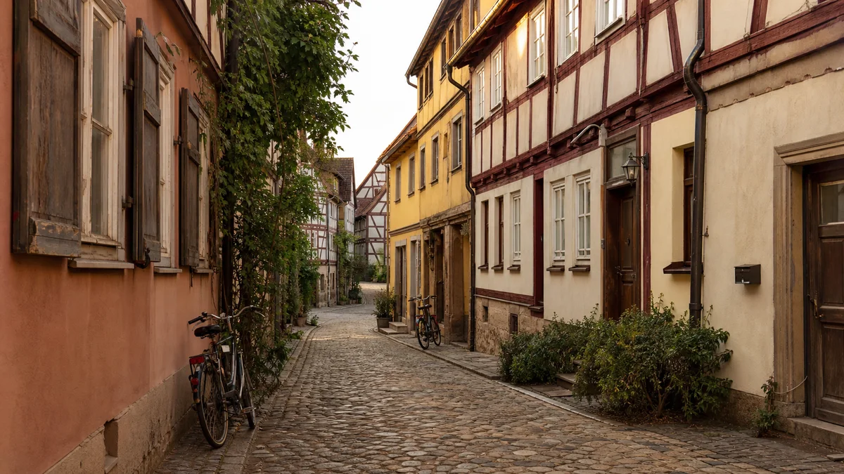 Rue pavée bordée de maisons à colombages dans une ville allemande