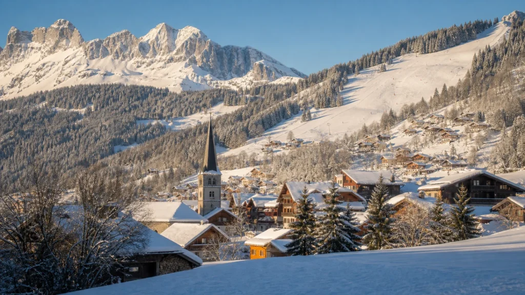 Village enneigé de La Clusaz au pied du massif des Aravis