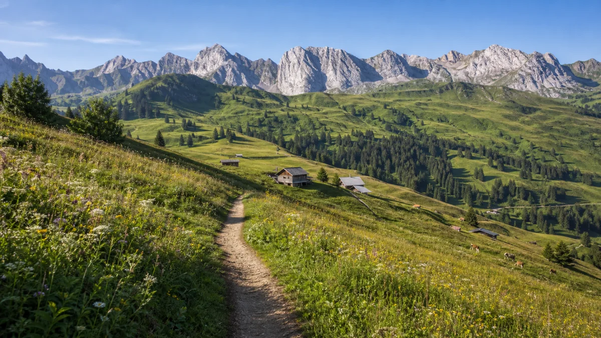 Sentier d'alpage estival face aux sommets des Aravis à La Clusaz
