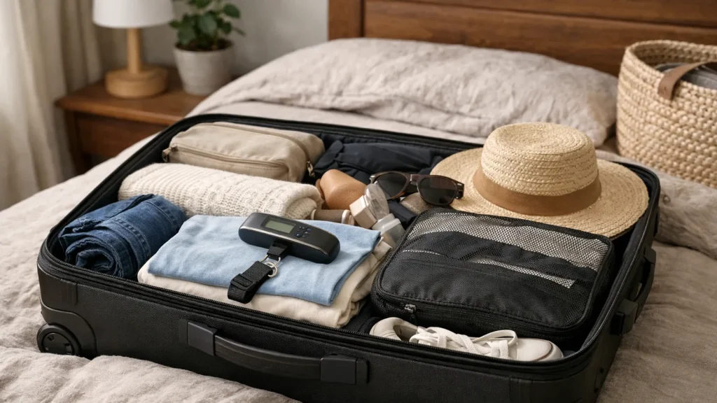 Valise préparée avec un pèse-bagage avant le départ