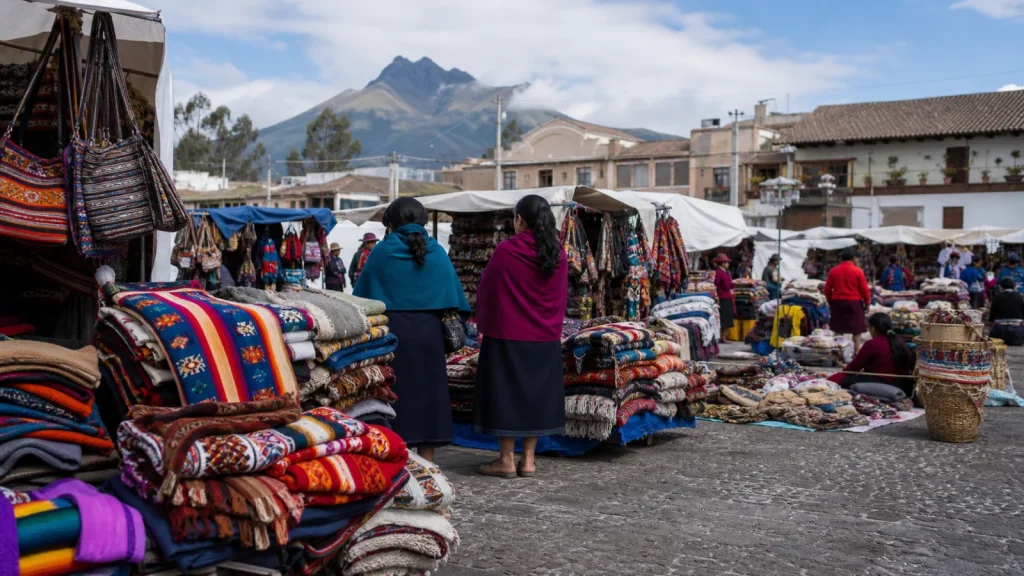 Étals de textiles colorés sur la Plaza de los Ponchos à Otavalo