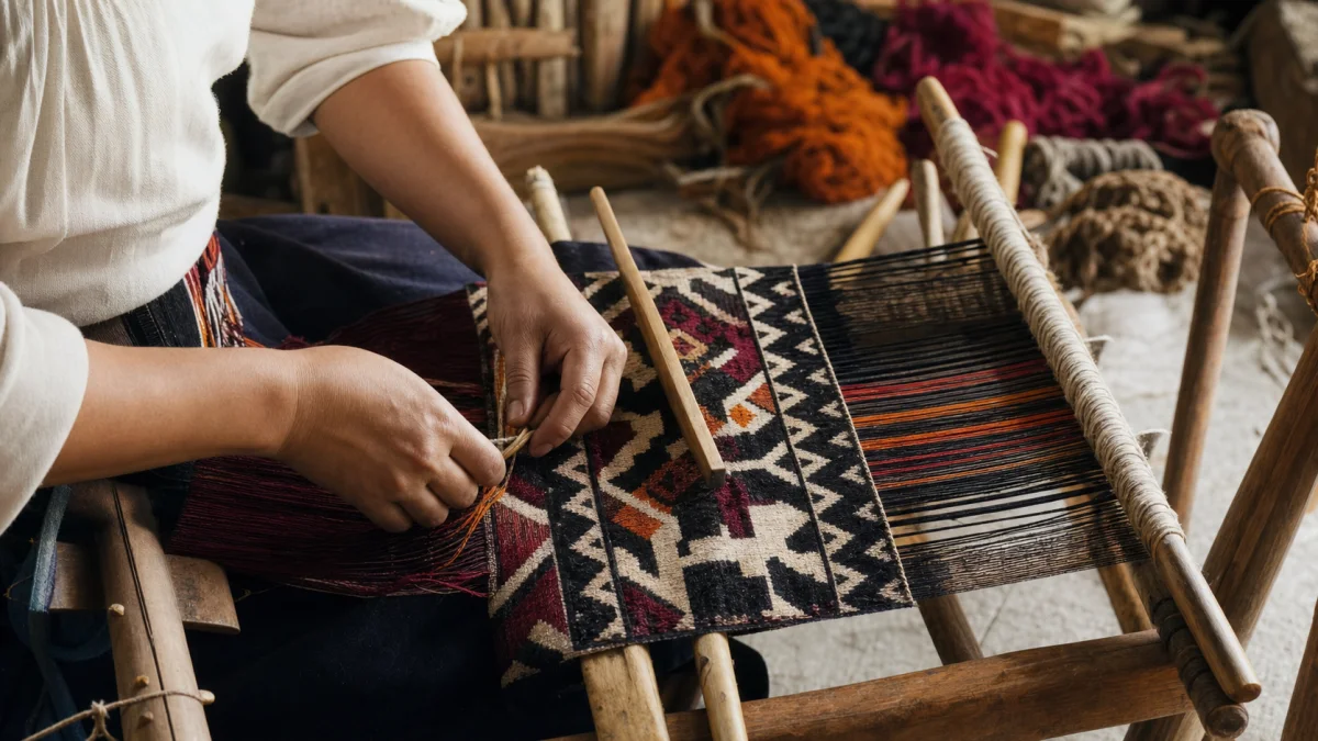 Artisan travaillant des fils colorés sur un métier à tisser