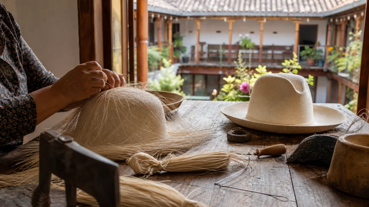 Chapeaux de paille toquilla en cours de finition dans un atelier