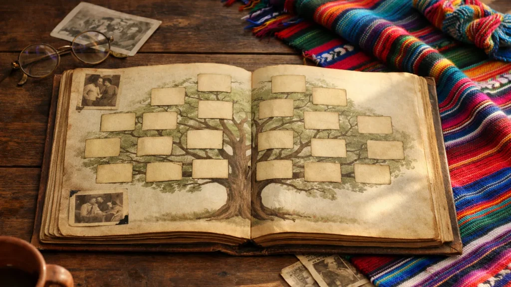 Album familial et motifs mexicains évoquant les noms de famille