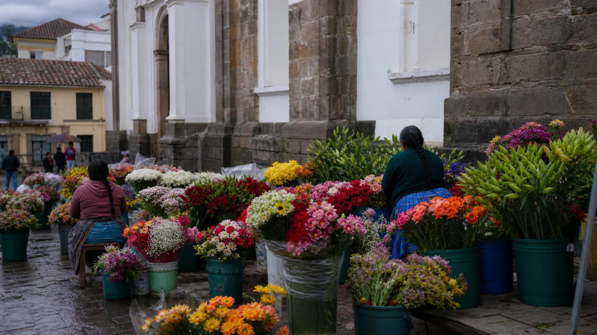 Étals colorés du marché aux fleurs de Cuenca en Équateur